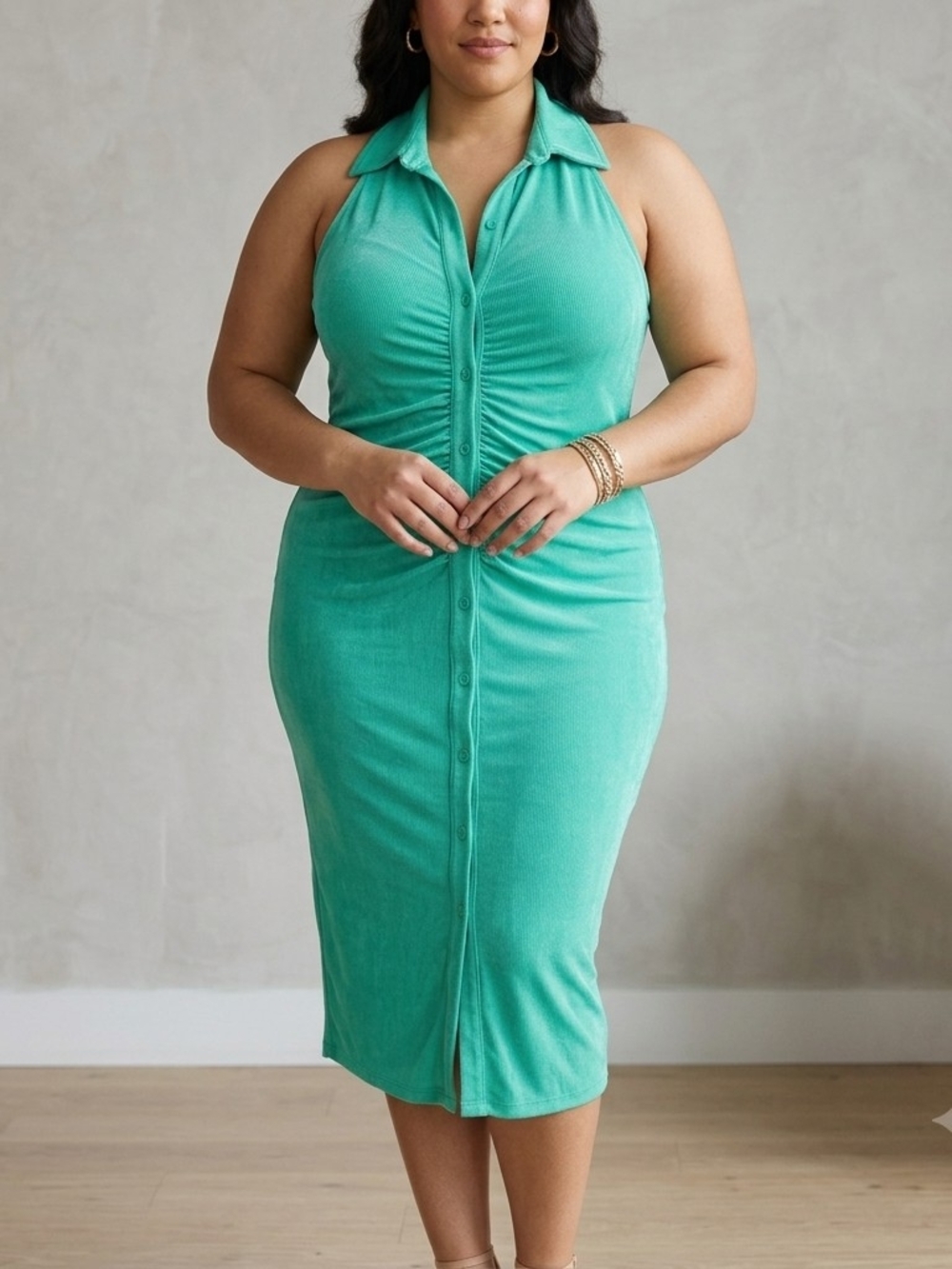 rue21 Women’s 3X Green Ruched Button Front Halter Bodycon Mini Dress NWT